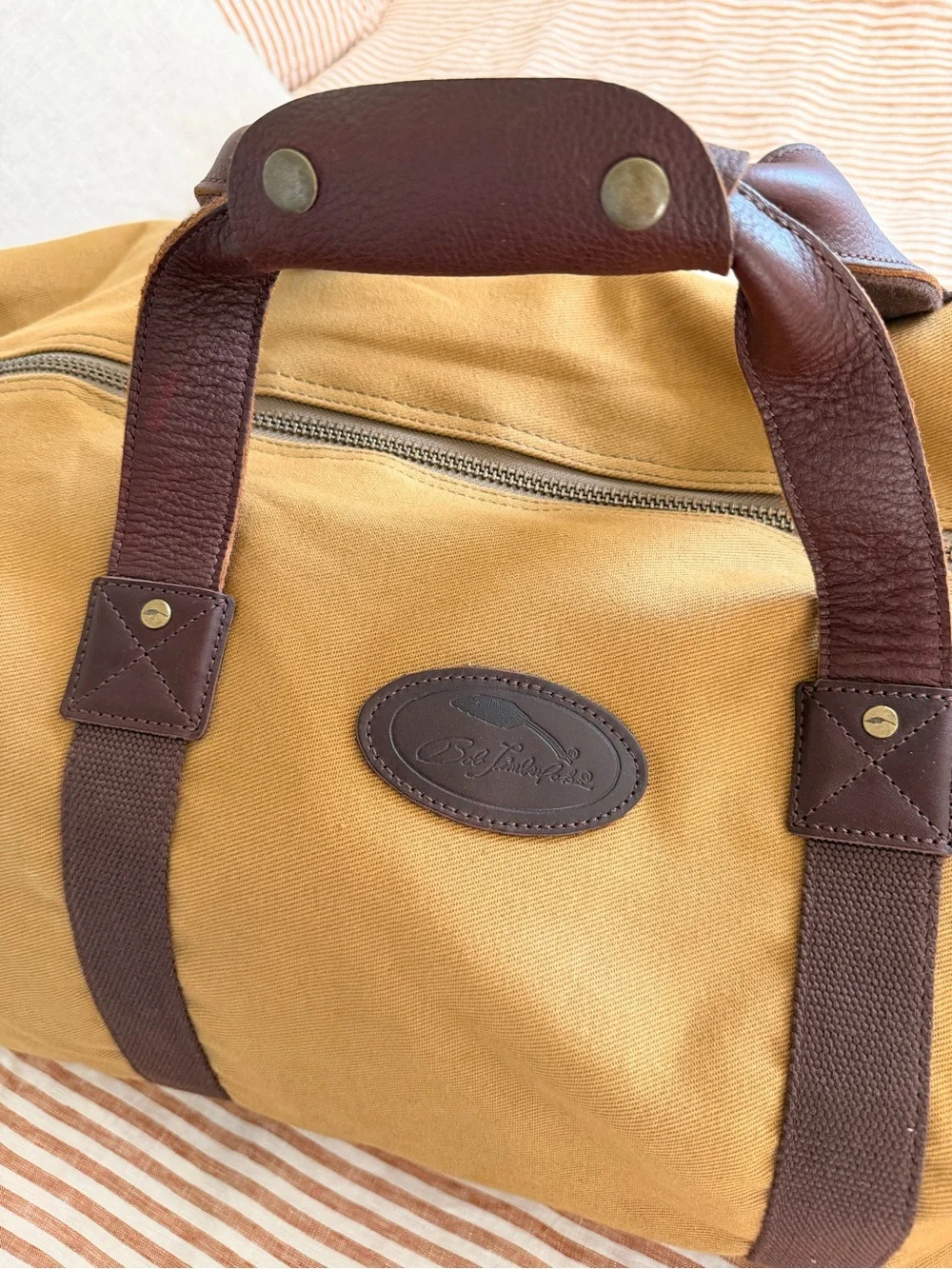 Men's Tan Canvas Duffel with Dark Brown Leather Accents